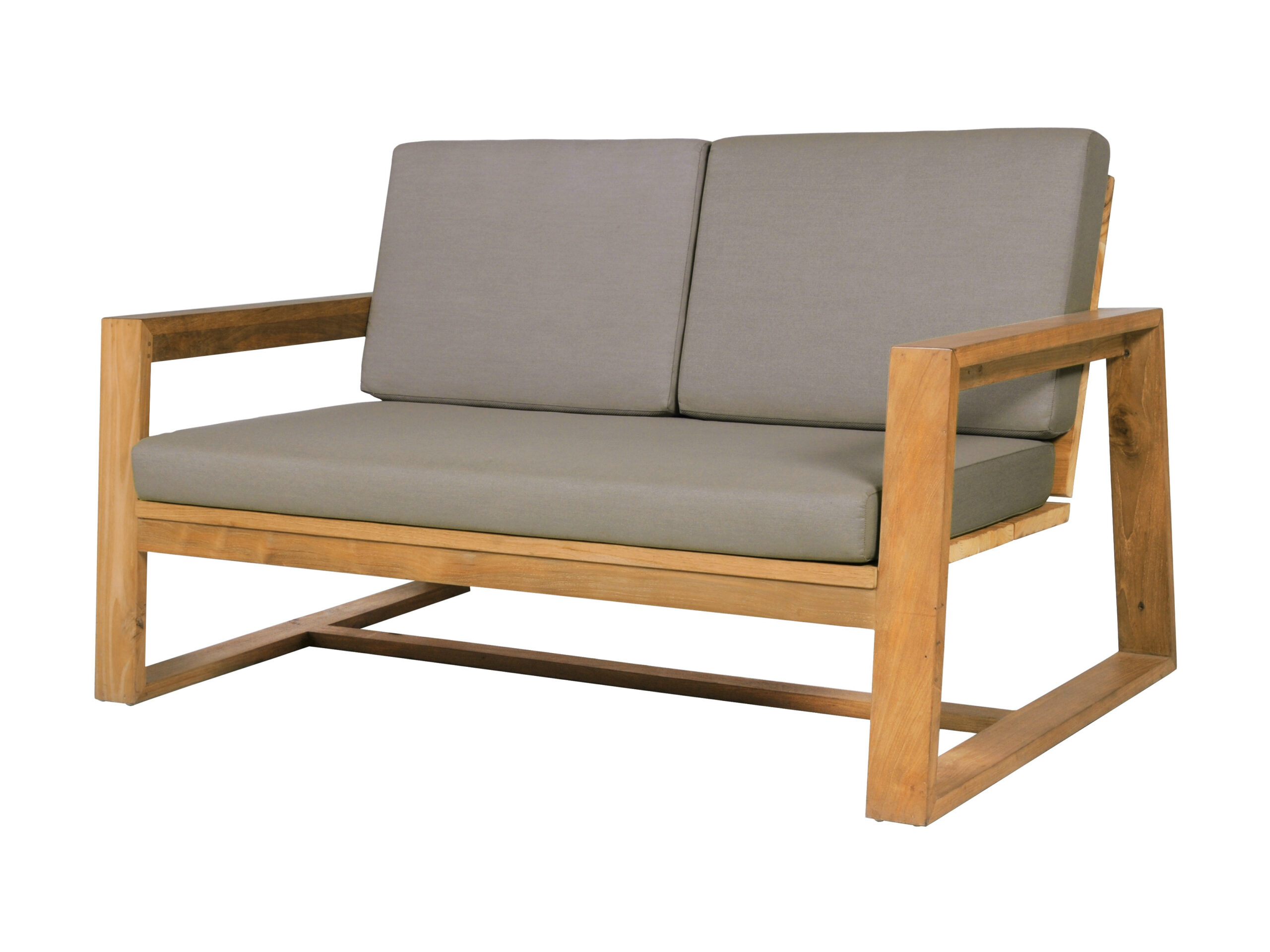 Lucia 2 Seater Sofa — Modern wooden loveseat with gray cushions