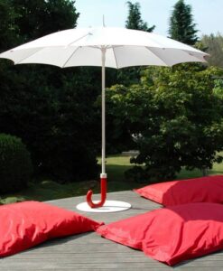 Modern umbrella base shaped like a hand held umbrella and the pole is made of anodized aluminum.