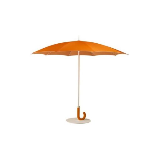 Modern umbrella base shaped like a hand held umbrella and the pole is made of anodized aluminum.