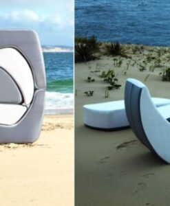 Luxurious, stacking chaise lounger is a virtual outdoor furniture lounge area.  When not used, they are fun and easy to store, intertwined like a puzzle.
