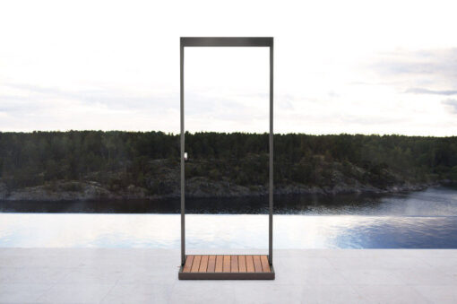Modern Teak Outdoor Shower Rain Fall with teak base and stainless steel or powder coated frame.