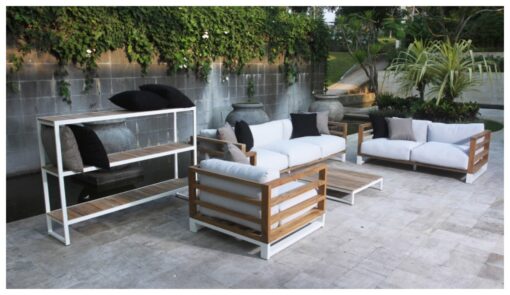Bermudafied modern teak white black aluminum luxury outdoor furniture design sofa seating grey cushion quickdry hotel hospitality patio