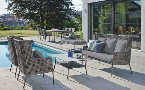 agreta club chair loveseat champagne grey contemporary outdoor furniture residential Hamptons Greenwich