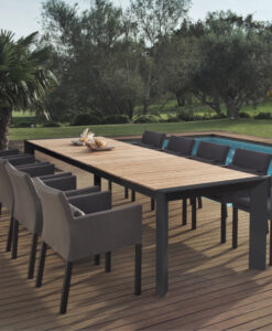 Alchemy Teak Dining Table Modern Glass Extendable all Weather Batyline Aluminum Contract Hospitality Outdoor Furniture