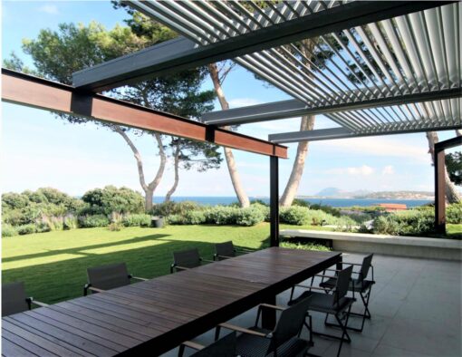 flow automatic retractable roof open close pergola system hotel restaurant hospitality contract residential luxury architecture dining