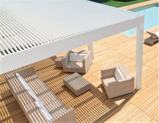 adaptable luxury architect design open close louvre slat roof cover shade system pergola wall mount ocean commercial