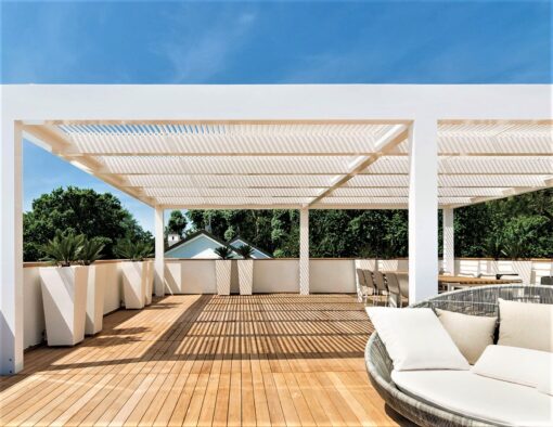 adaptable open close custom louvre slat roof cover shade system pergola wall mount architecture modern design commercial