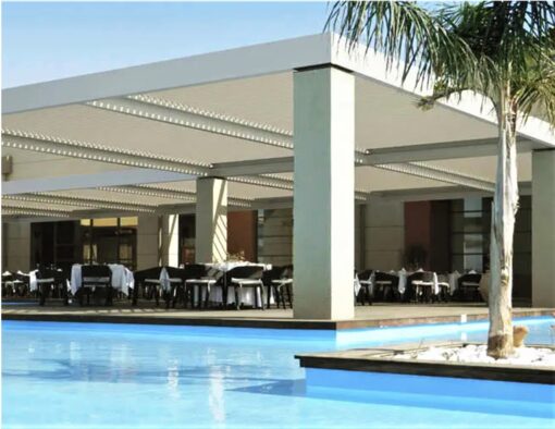 blaze automatic remote retractable custom pergola roof doors screen light residential commercial hospitality luxury hotel ocean