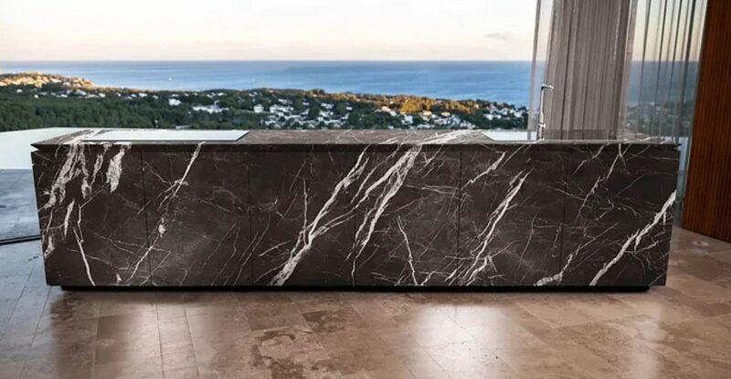 sleek aventura professional custom modern luxury outdoor kitchen bbq grill 316 stainless stone black calcutta marble